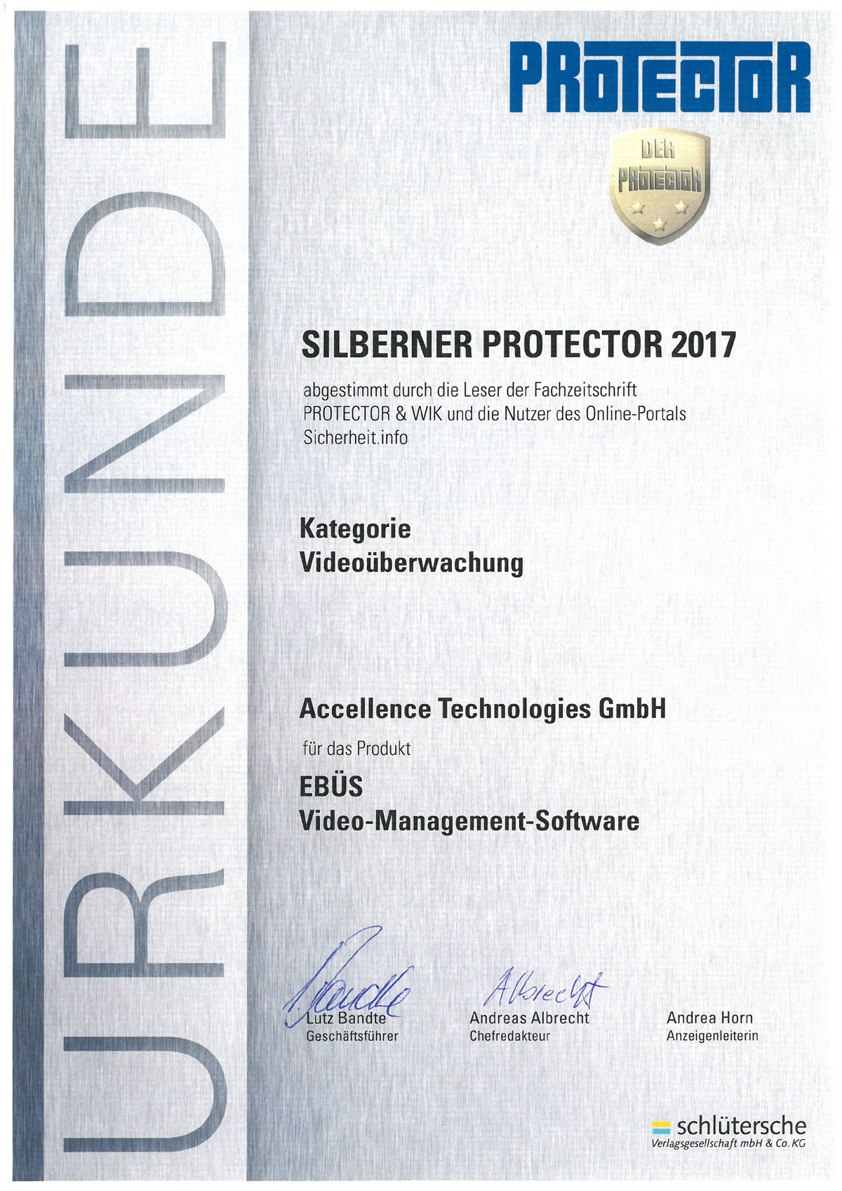 Urkunde PROTECTOR Award 2017